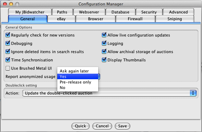 General configuration window, with usage statistics. Configuring usage statistics reporting in JBidwatcher